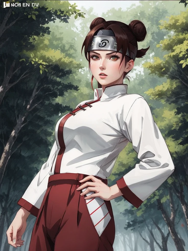 Ten Ten_Naruto, Style and image of Ten Ten Naruto, A female anime character with brown hair styled in buns, wearing a white and red chinese-style outfit with a metal forehead protector, standing in a forest, confident pose, anime style, sharp lines, vibrant colors, UHD, SDXL, masterpiece,