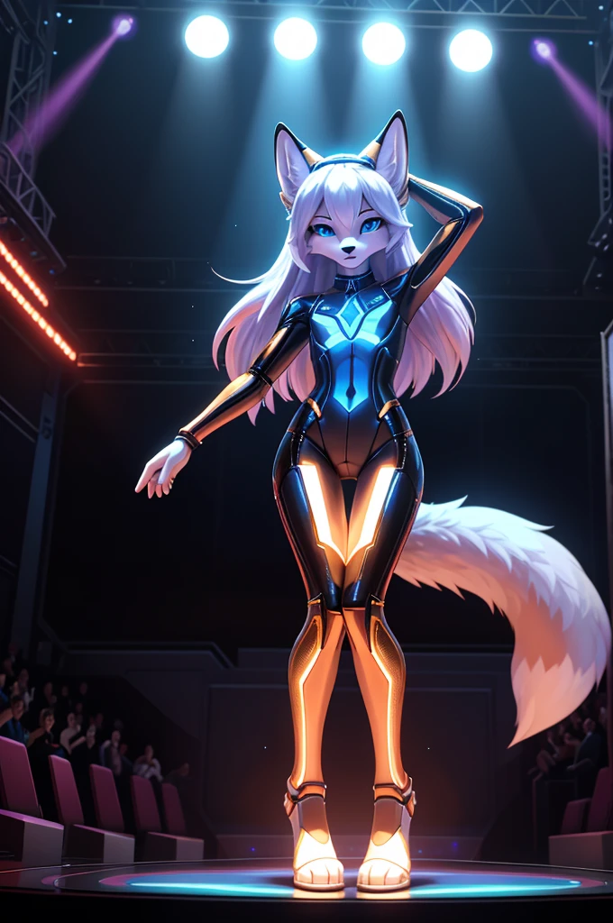 A beautiful, (masterpiece), high quality, perfect lighting, highly detailed CG Unity 8k wallpaper, high resolution, perfect lighting, youthful, adolescent, tall, slim, skinny, frail slender figure, slim legs, distinctly feminine figure, narrow hips, long legs, close-up shot, detailed face, youthful, tall, slim, anthropomorphic fox woman, expressive facial emotion, distinctly feminine figure, thick, fuzzy, fluffy, volumetric russet and white fur, long legs, long flowing extended white straight hair, striking dramatic pose on futuristic stage, wearing holographic bodysuit, light-up gem accessories, sleek metallic headpiece, cinematic high fidelity 3D CAD model style, high-tech concert venue, laser light show, atmosphere of electrifying performance and anticipation