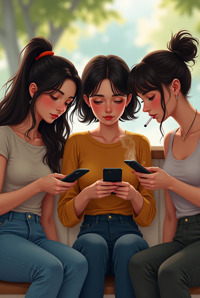 3 same age friends are sitting side by side talking, 1 boy is smoking and scrolling phone, 1 girl is scrolling on her phone and 1 girl is sitting in mood off.