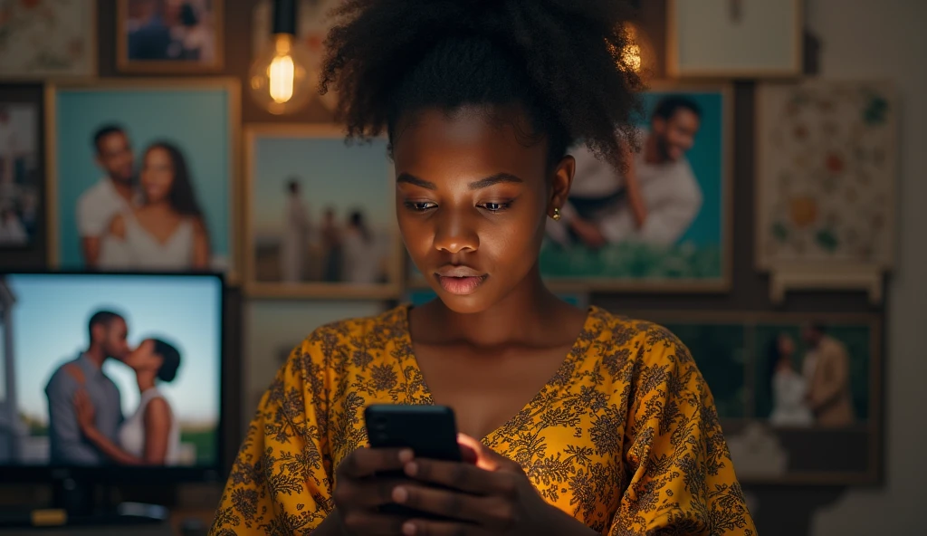 Une personne regardant son téléphone avec une expression perplexe, en arrière-plan, on peut voir des photos de couples heureux dans leur cérémonie de mariage affichées sur Instagram.
De préférence des Africains avec les boubous traditionnel 