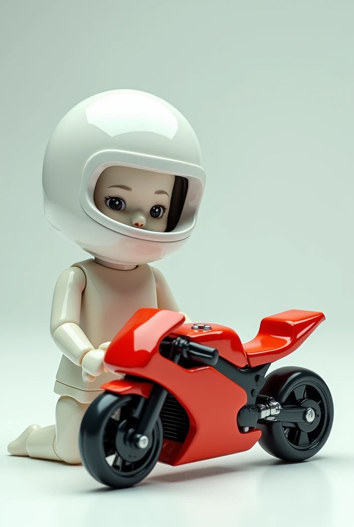 Doll with full helmet and lego motorcycle both parallel to the ground