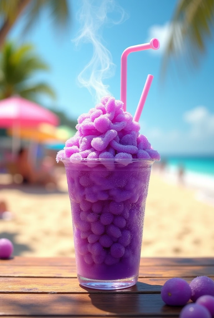 a grape-flavored shaved ice, on the beach on a sunny day