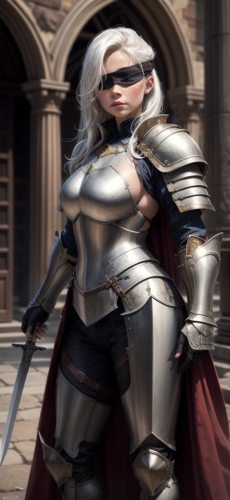 masterpiece, best quality, highres, 1girl, realistic, black blindfold, White hair, armor, heavy armor, large armor, medieval armor, Sword, sword in hand, plate armor,