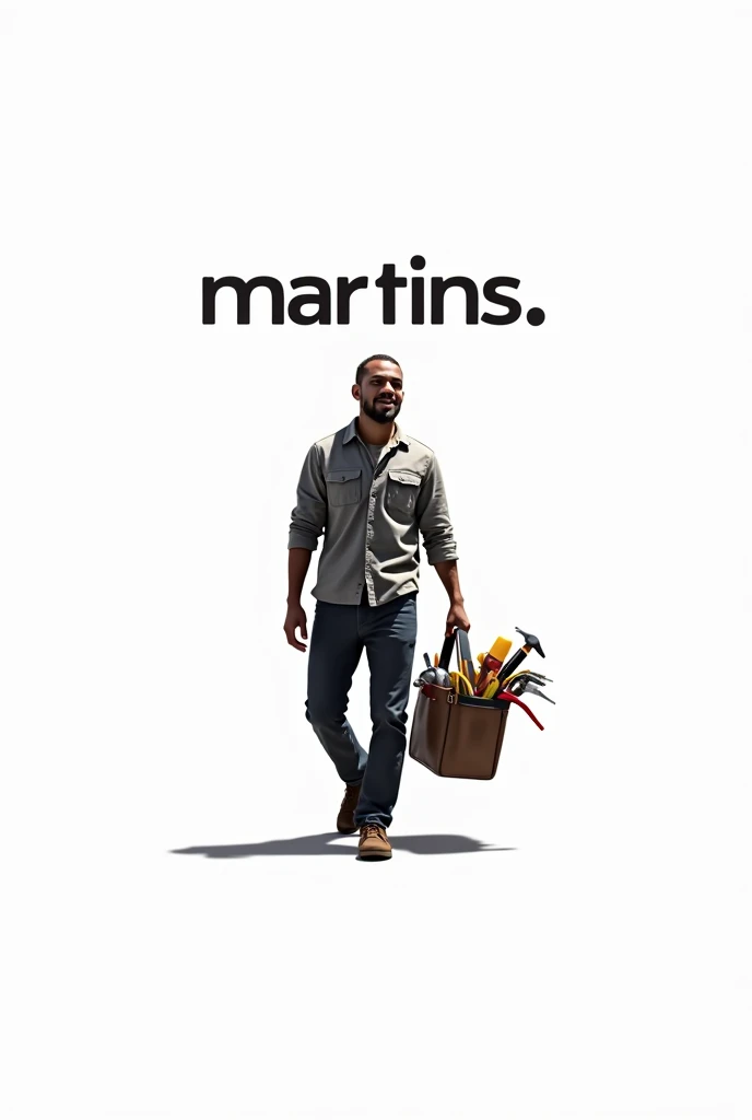 Create a Modern Brand Logo with the Name (martins) Na parte inferior , a man holding a tool bag with construction and renovation items, white background