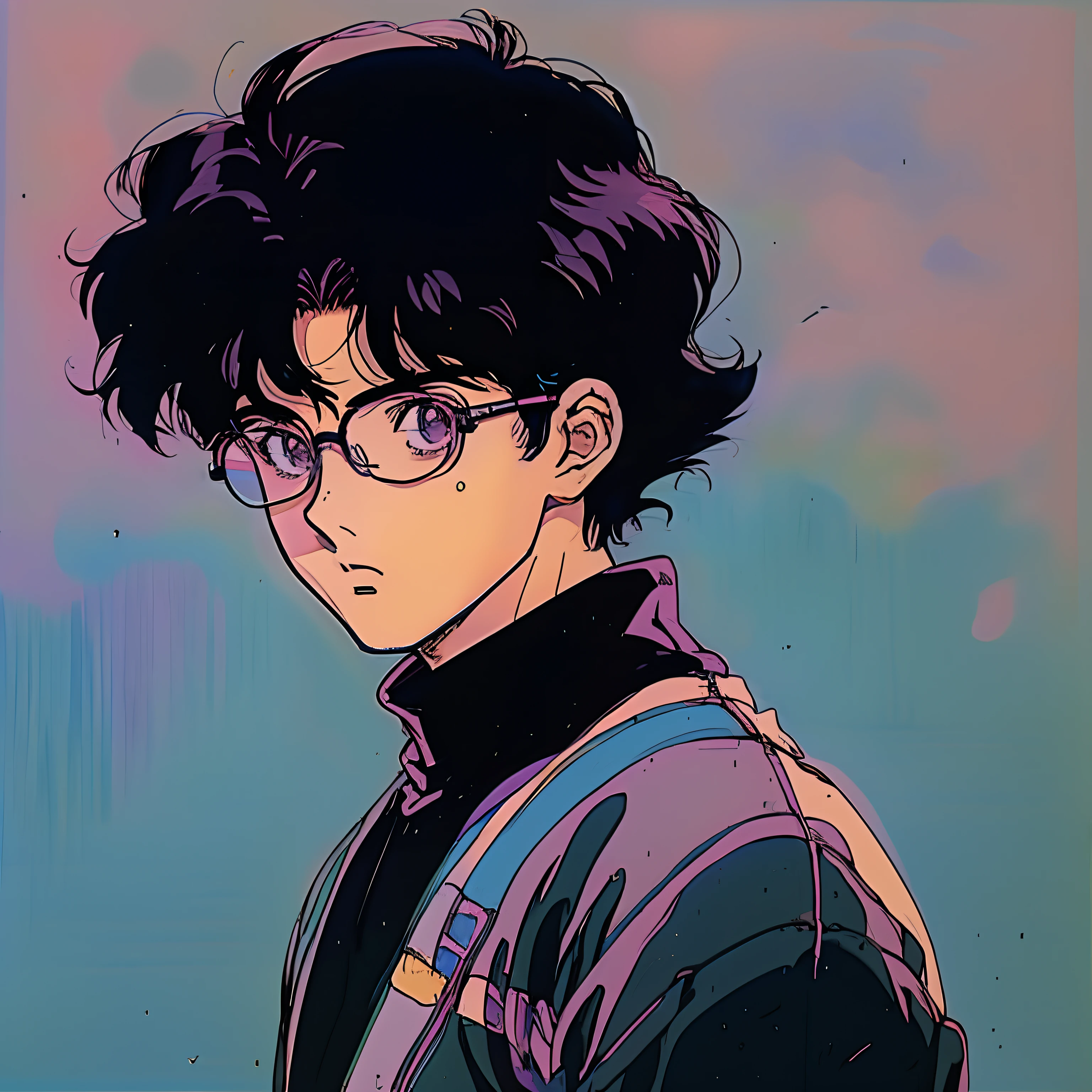 anime character with glasses and a black hair and a purple shirt, 8 0 s anime art style, in the art style of 8 0 s anime, 8 0 s anime style, 9 0 s anime art style, 8 0 s anime vibe, 1980's anime style, kentaro miura art style, kentaro miura art