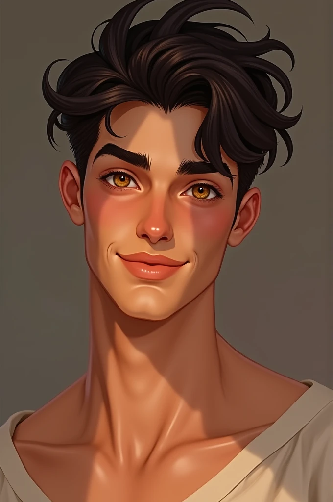 Create a book character with fine features, dark hair, a well-formed body, a flirtatious smile, fine, sun-colored eyes, and light skin who is a man with a baby face.
