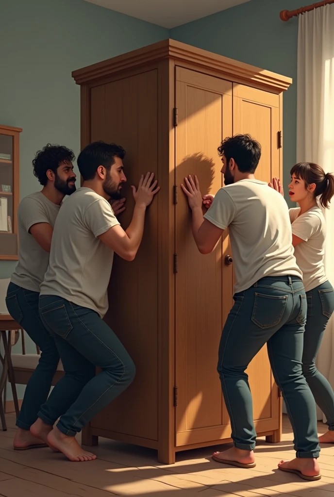 India contex Inside a room, 4-5 people are moving a wooden cupboard with great difficulty.  Everyone is sweating.  The pants are wet with sweat.  A woman is standing next to him.  Background is a bed, table