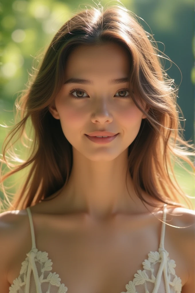 Create a photograph-style image of a beautiful girl under 30, capturing her in a natural, soft lighting setting. She has a radiant, glowing complexion, with her hair gently cascading over her shoulders. Her expression is serene and confident, highlighting her youthful elegance. The background is a blurred, nature-inspired scene with greenery or soft pastel colors that complement her features, adding a warm and inviting atmosphere to the image.