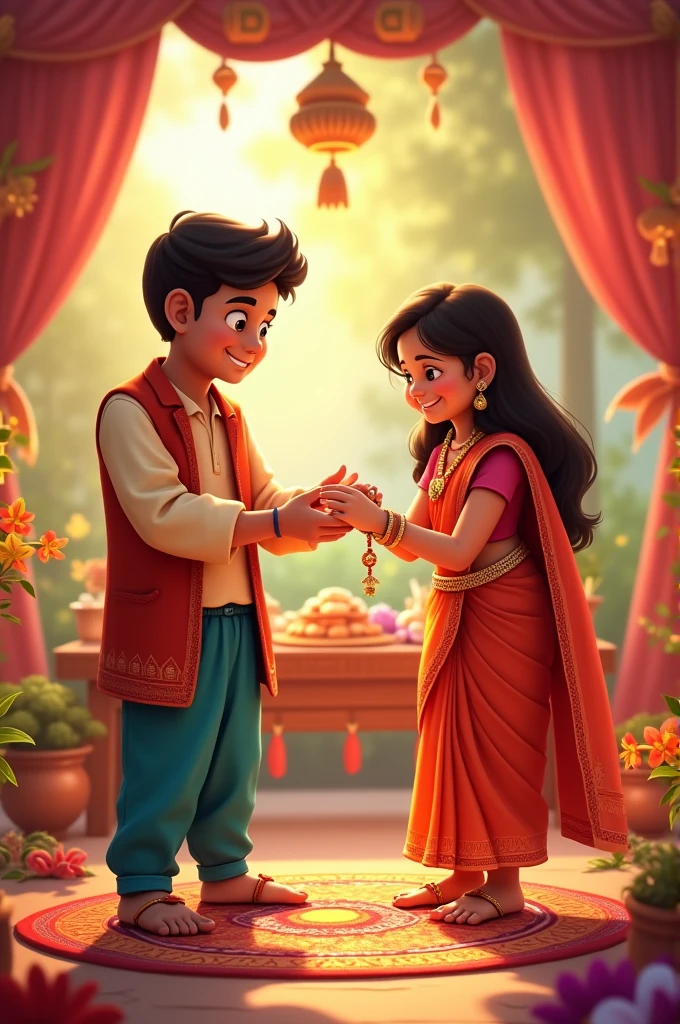 "Create a vibrant Raksha Bandhan scene featuring a brother and sister exchanging Rakhi. The setting should include traditional decorations like colorful rangoli, flowers, and a festive backdrop. The brother should be smiling and tying the Rakhi on his sister's wrist, while the sister looks happy and appreciative. Include traditional sweets and gifts on a table in the background. Use bright and festive colors to capture the celebratory moon