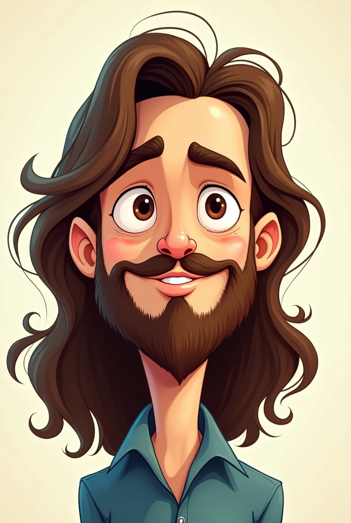 A male Cartoon character with long hair with middle part hairstyle and with middle length beard