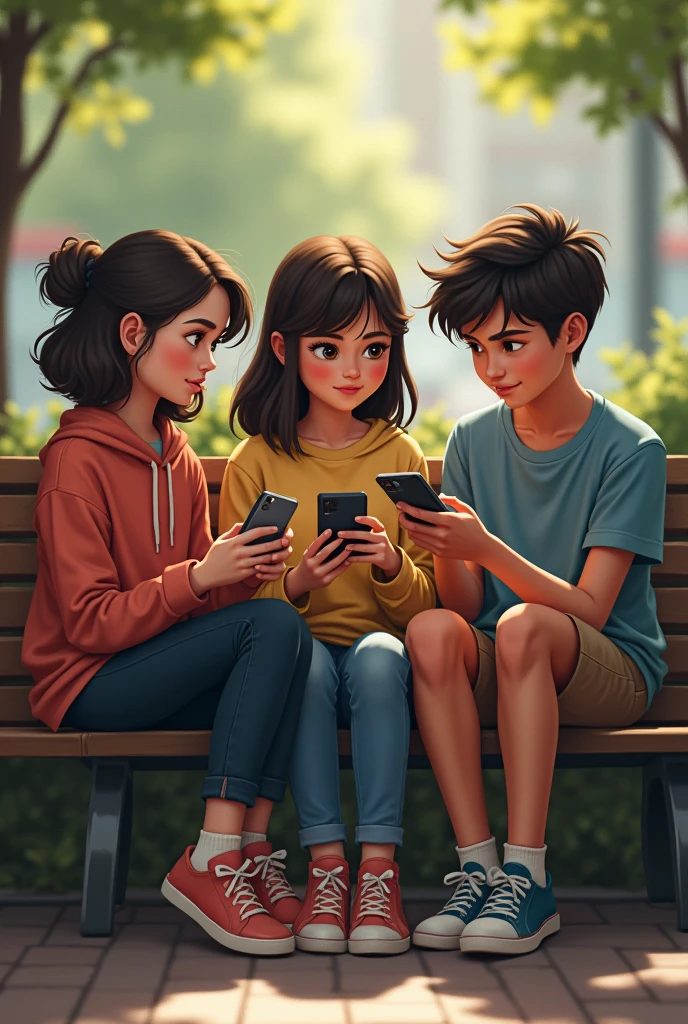 3 same age friends are sitting side by side talking, 1 boy is smoking and scrolling phone, 1 girl is scrolling on her phone and 1 girl is sitting in mood off.
