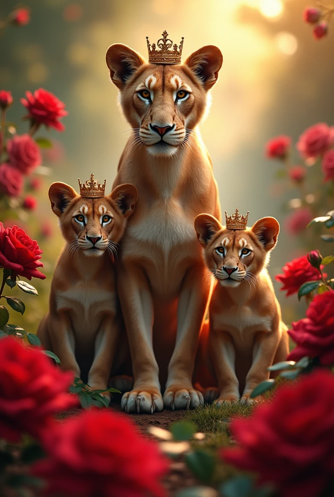 Maneless lioness with crown and two cubs with crown each in a garden of red roses 