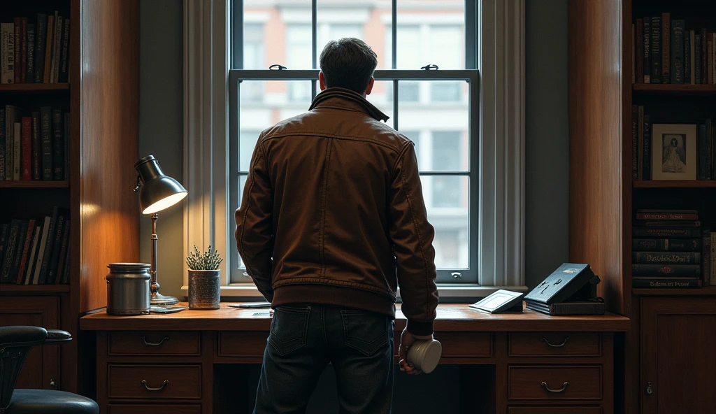 In a detective agency room，A man in a leather jacket stands by the window holding a mug, Turn your back to the lens, The table is behind the person, The window is in the middle



