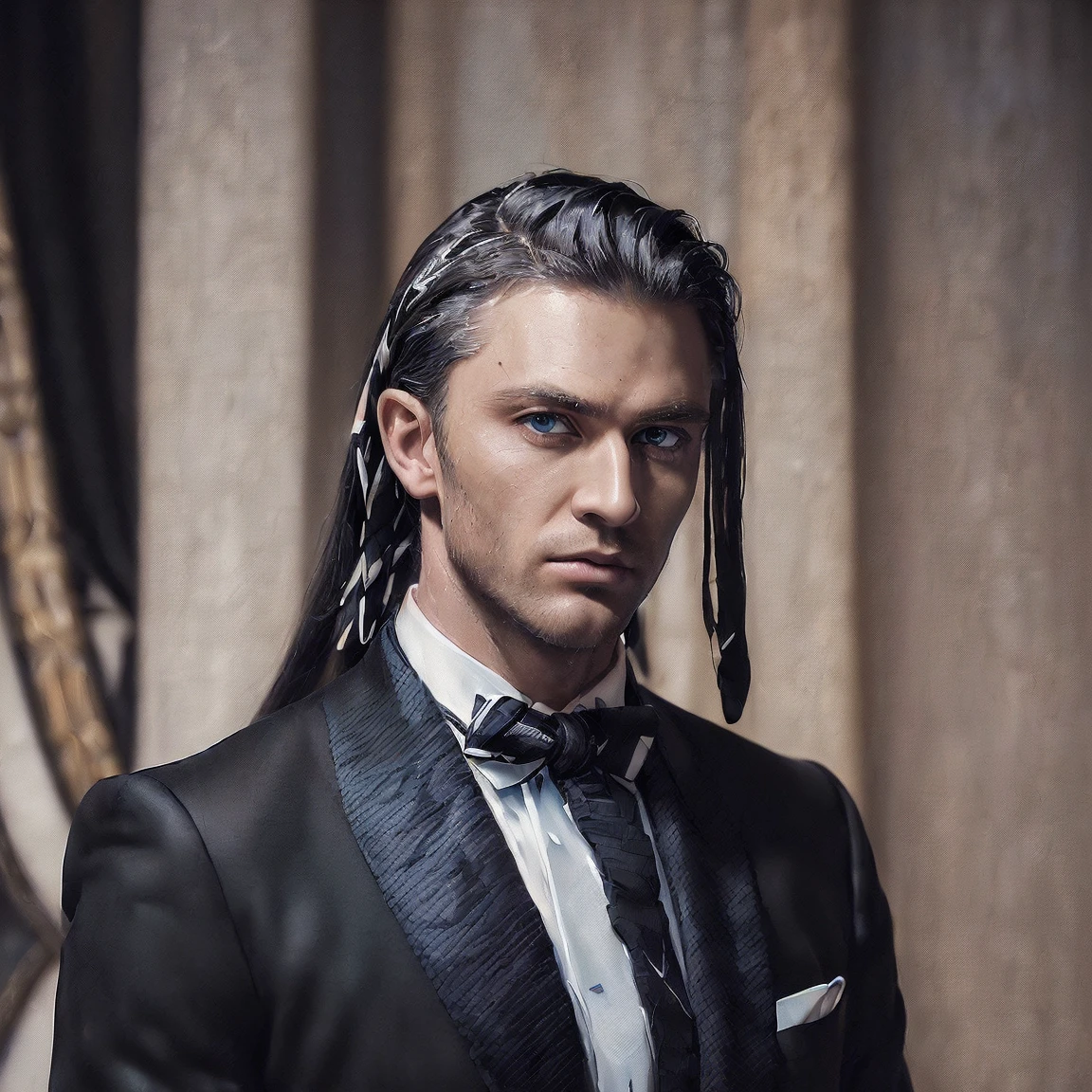 ((((((losing black tie))), (masterpiece, best quality:1.4), portrait alone, a man of 30 years old, handsome, handsome, masculine, blue eyes, serious look, black suit, long straight platinum hair of medium length, shoulder-length hair, straight hair, penetrating gaze.