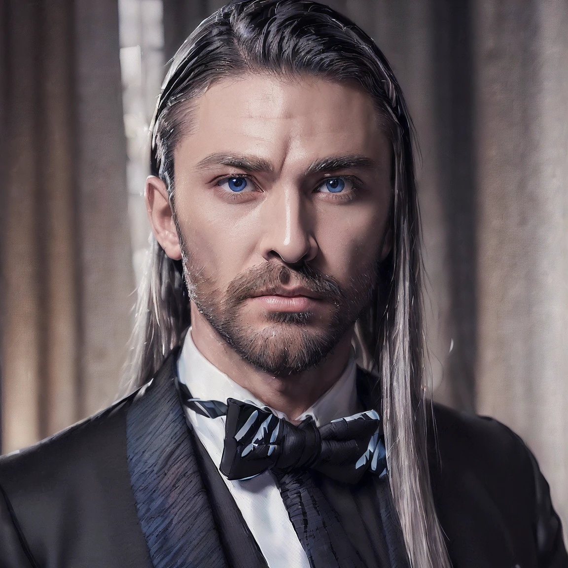 ((((((losing black tie))), (masterpiece, best quality:1.4), portrait alone, a man of 30 years old, handsome, handsome, masculine, blue eyes, serious look, black suit, long straight platinum hair of medium length, shoulder-length hair, straight hair, penetrating gaze.