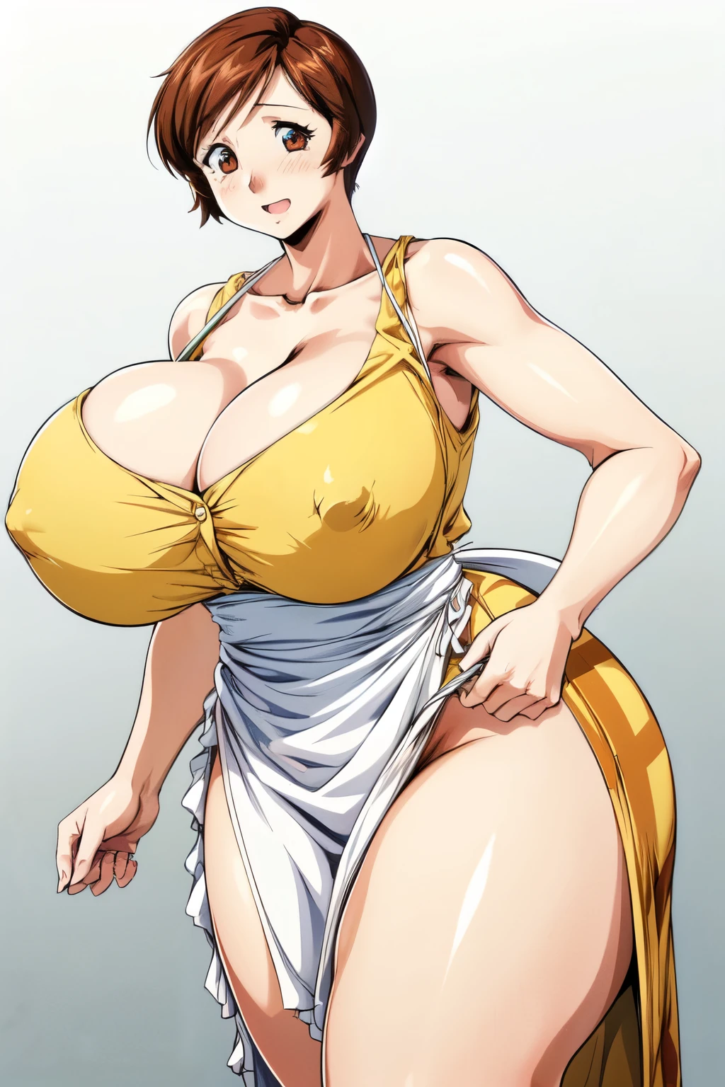 masterpiece, Highest quality, High resolution, One girl, alone, sexual intercourse, Pornographic images, short hair, etsukoto, Brown eyes, fine grain, fine grain, (white skin color), (((Thick thighs, Plump thighs, Voluptuous thighs, Thighs alone are enough))), ((Huge and enough breasts, Cleavage, Big long breasts)), Naughty big,((Big breasts are important))、((Naughty thighs)), L Cup, (thin:1.4),(Tight waist:1.4), (Yellow Dress:1.4), (((((bursting clothes))))), ((white waist apron)), White panties, (((Simple Background))), smile, Open your mouth, ((Wide Hips)), (Shiny skin, Oily skin), Mature mother, Calf, Seductive mature woman, Mature Woman, Perfect body, Plus Size Model, Curvy, enough, etsukoto, blush, clavicle, retro artstyle, 1990s (style), (Thick thighs:1.4), (from side:0.9), 