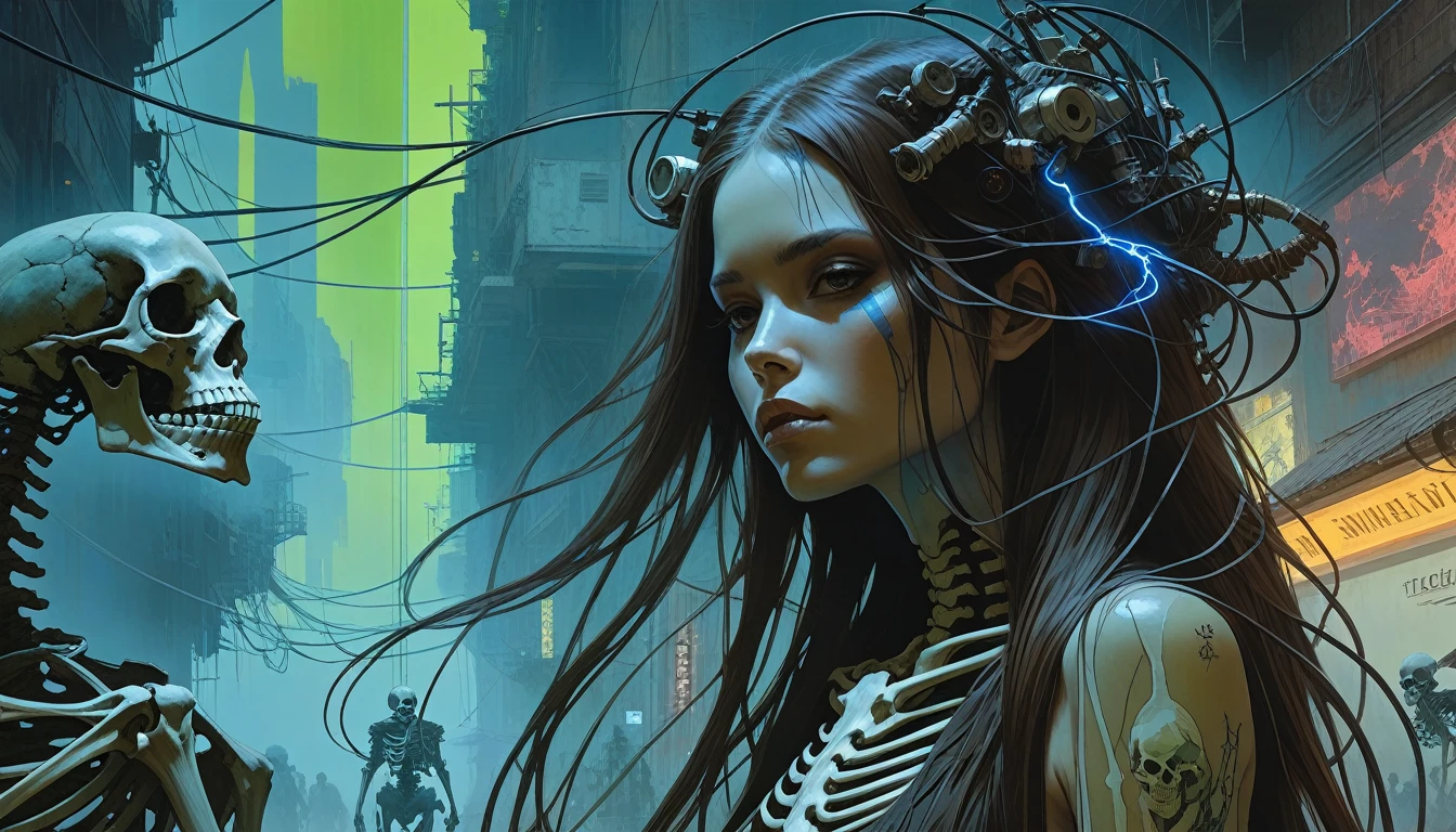 designed by greg manchess,smoke, girlï¼long hairï¼Skeletons, electronic demons, cyberpunk, characters, future space, aurora, complex designs, very, trending on art station, photoreal, 8 k, octane render by greg rutkowski, art by Carne Griffiths and Wadim Kashin ,in the style of Dau-al-Set, Pollock, and inspired by MAPPA and Zdzislaw Beksinski,