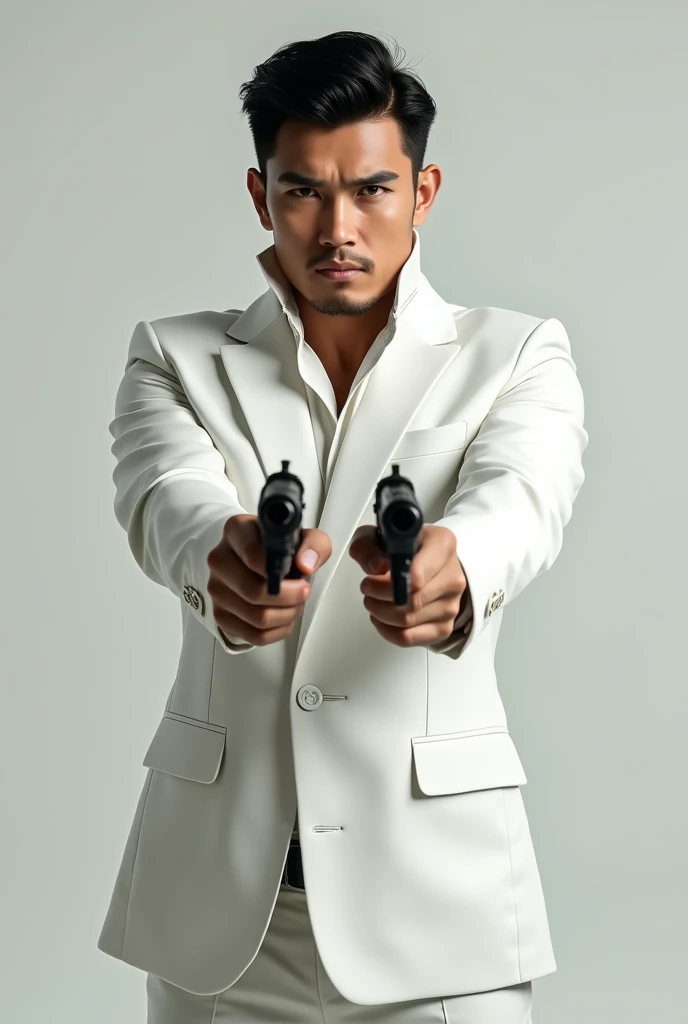 Best quality super detailed super realistic masterpiece ultra high resolution 16 aspect ratio:9, depicts a handsome Indonesian man holding two pistols pointing forward dressed in a white grabbing suit