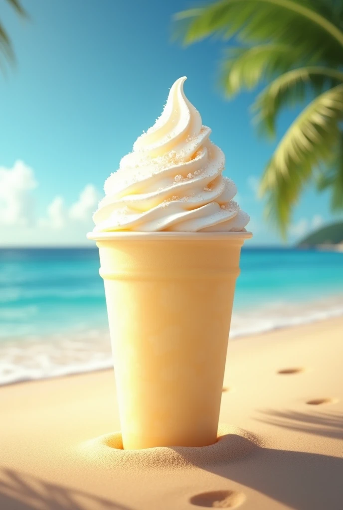 a vanilla-flavored shaved ice, on the beach on a sunny day