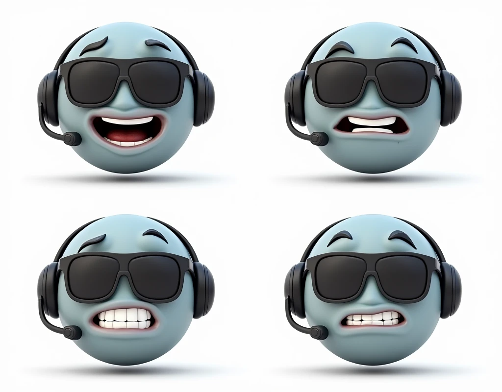 Please create a high-quality 3D animated avatar of the Earth, featuring a black headset and dark sunglasses. The Earth should have detailed facial features, with smooth shading and realistic textures to enhance the overall quality. The background of each image should be a clean, solid white to make the avatar stand out. The Earth should express four distinct emotions across four separate images:

Happy: The Earth should have a wide, joyful smile with slightly raised cheeks and eyes (behind the sunglasses) that convey a sense of happiness. The facial expression should be lively and full of energy.

Angry: The Earth should show a deep frown with furrowed brows. The sunglasses should tilt downward slightly to create a more intense and focused glare. The overall expression should be strong and assertive, with realistic wrinkles and tension in the face.

Surprised: The Earth should appear wide-eyed (behind the sunglasses), with a slightly open mouth to suggest shock or amazement. The sunglasses can be slightly askew to enhance the expression of surprise. The features should be exaggerated enough to clearly communicate the emotion while still maintaining a high level of detail.

Sad: The Earth should have a sorrowful expression with downturned lips and a single tear coming from under the sunglasses. The tear should look realistic, with a reflective sheen, and the overall expression should convey deep sadness.

Ensure that each image maintains consistent lighting and perspective, and that the textures and details of the Earth’s surface are clearly visible under the 3D rendering. The black headset and dark sunglasses should be polished and sharp, adding to the overall high-quality finish of the avatar.

