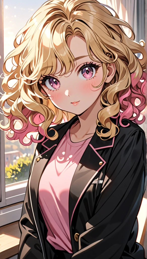 Beautiful and blond, styled hair, a bit curly hair, wearing a black jacket, pink shirt, morning, looking fancy, looking at the viewer,