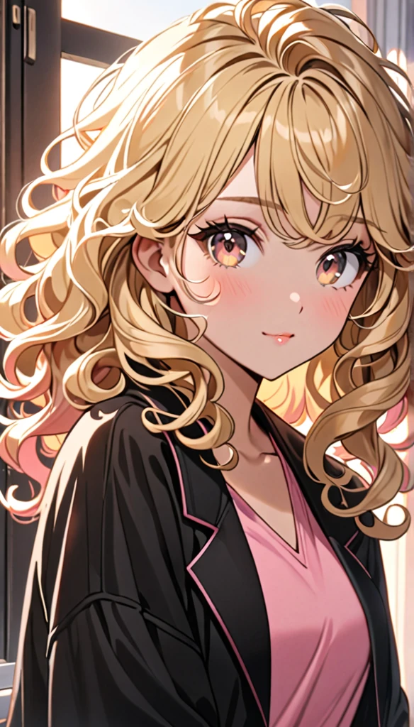 Beautiful and blond, styled hair, a bit curly hair, wearing a black jacket, pink shirt, morning, looking fancy, looking at the viewer,