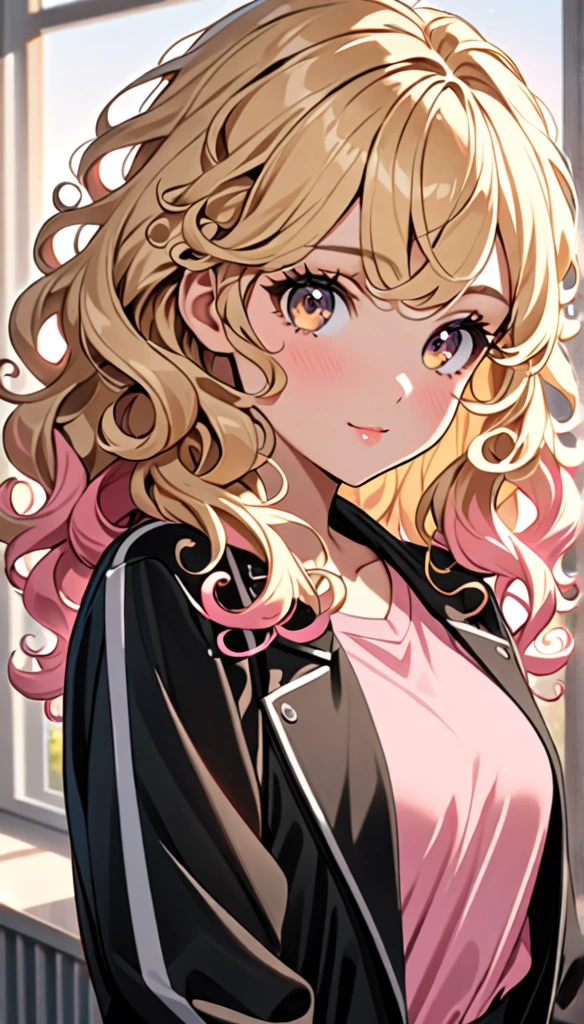Beautiful and blond, styled hair, a bit curly hair, wearing a black jacket, pink shirt, morning, looking fancy, looking at the viewer,