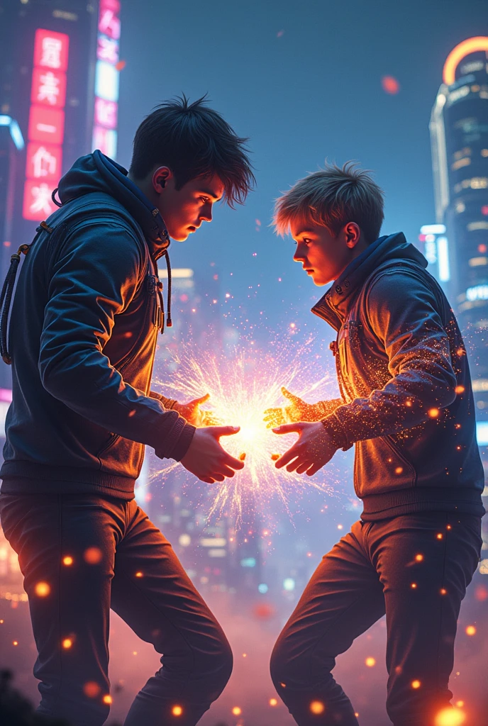 "A dramatic, high-stakes battle between two teenage brothers in a futuristic suit and environment. Energy blasts or supernatural powers collide between them, illuminating the dark surroundings. The neon-lit city skyline is visible in the background, highlighting the epic scale of their confrontation. The atmosphere is intense, with sparks and debris flying as they clash."