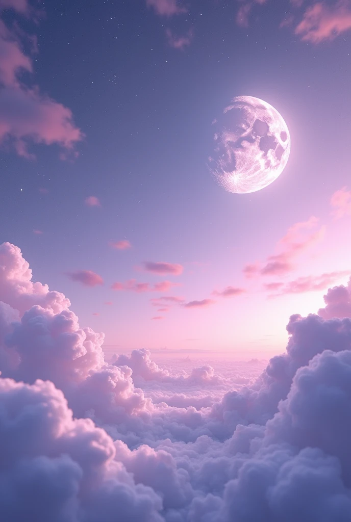 A lilac sky with clouds, a moon and stars in silver color