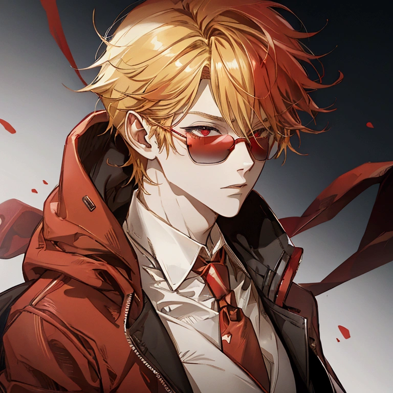 Red sunglasses, red hoodie, tuxedo under hoodie, tie, blonde hair