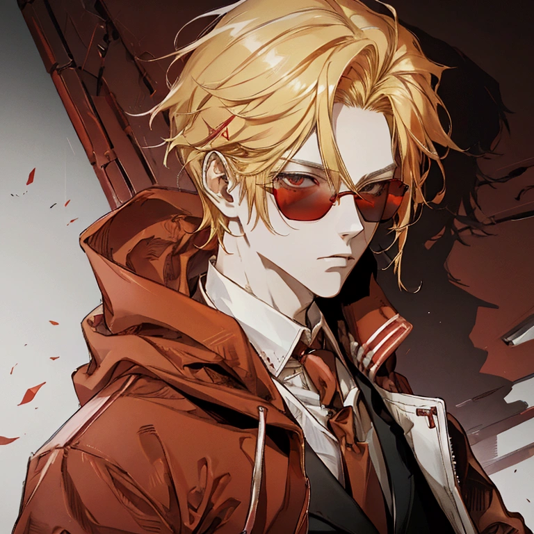 Red sunglasses, red hoodie, tuxedo under hoodie, tie, blonde hair