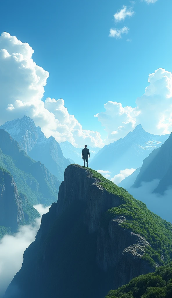 a lone figure standing confidently on a lush, mountain peak under a bright blue sky, detailed landscape, mountains, sky, clouds, dramatic lighting, vibrant colors, cinematic, photo-realistic, 8k, masterpiece