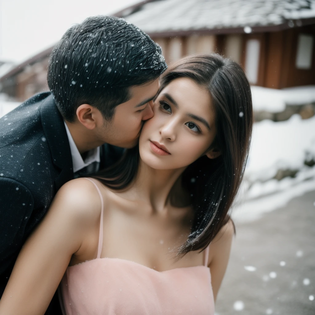 A Couple, (dramatic shot:1.3), (best quality photo:1.5), 1girl and 1man, japanese, I am 35y (a man in winter suit:1.3) with short black hair, I meet my sweet and chubby girlfriend in kyoto traditional village, (have sex posing:1.3), giving a hug, (real kissing:1.3), she has messy mid long bang hair, (a girl in pink slip dress:1.4), (snowing:1.2), (dramatic moment:1.3), real object, 120 film looks, natural light, real skin, detailed face and eyes, very highly detailed, surreal view, (sharp focus:1.3), shot by mamiya with wide lens, (dynamic wide angle:1.2), perfect composition, centered.