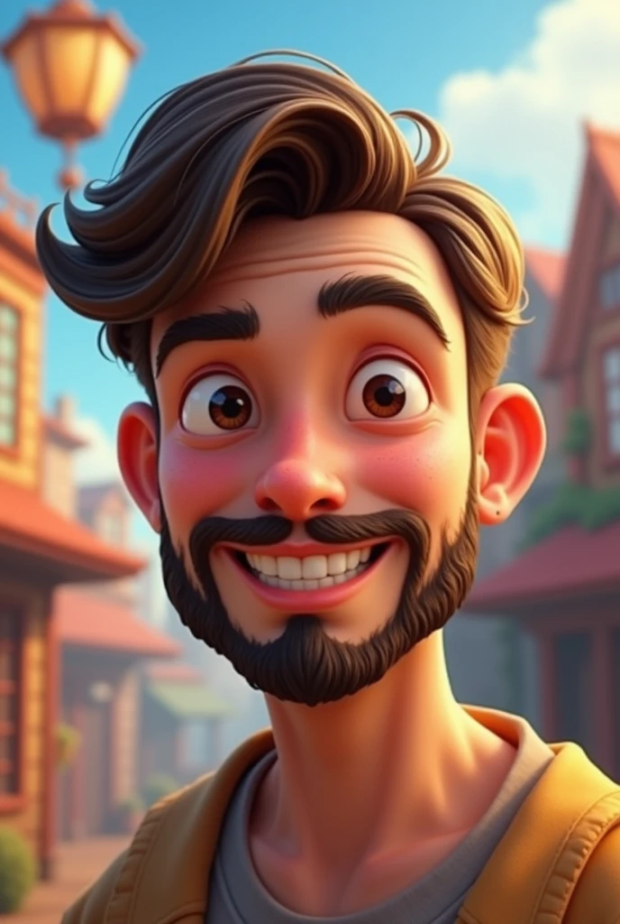 A male Cartoon character with short long hair with middle part hairstyle and with middle length beard 