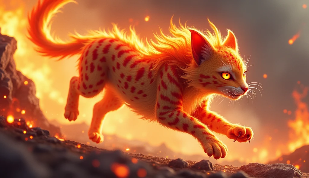 Create a dynamic fighting pose of 'Ignis,' a cat-like creature embodying the fire element. Ignis should have sleek, flame-patterned fur with bright orange and red hues, and glowing ember-like eyes. The creature should be depicted mid-leap, with its claws outstretched and a fiery aura surrounding it. The background should include swirling flames or a scorched battlefield, emphasizing its fire element. The overall style should capture both the fierce power and agility of this fire-based creature.