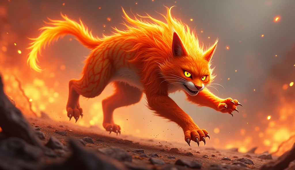 Create a dynamic fighting pose of 'Ignis,' a cat-like creature embodying the fire element. Ignis should have sleek, flame-patterned fur with bright orange and red hues, and glowing ember-like eyes. The creature should be depicted mid-leap, with its claws outstretched and a fiery aura surrounding it. The background should include swirling flames or a scorched battlefield, emphasizing its fire element. The overall style should capture both the fierce power and agility of this fire-based creature.