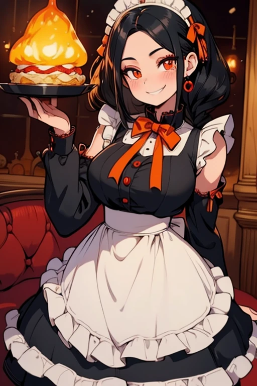 Perfect face Perfect hands. A black haired woman with orange eyes in a Lolita maid uniform is serving a slice of pie in a fancy maid cafe with a big smile