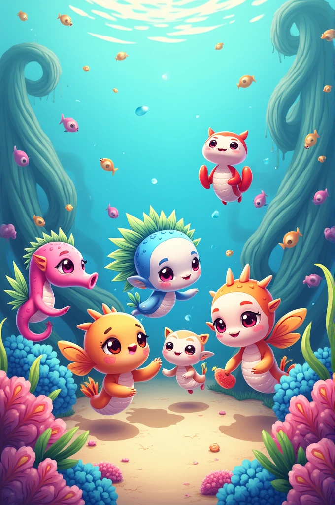 cartoon style fan art inspired by the update "Scales and Tales of the Summer Tide" de Genshin Impact.