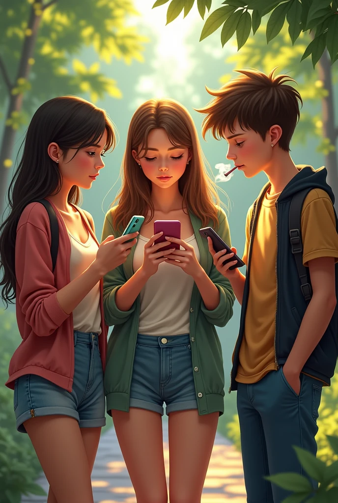 3 same age friends are sitting side by side talking, 1 boy is smoking and scrolling his phone, 1 girl is scrolling on her phone and 1 girl is sitting in mood off.