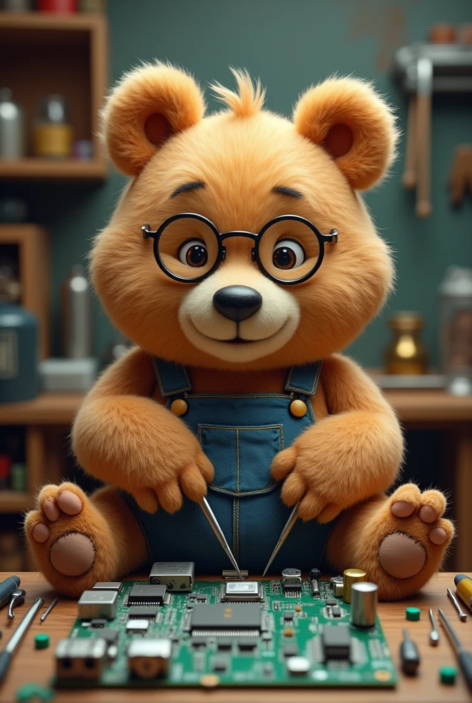 Cute bear wearing overalls and glasses, holding tools in his hand, sitting and repairing a motherboard.