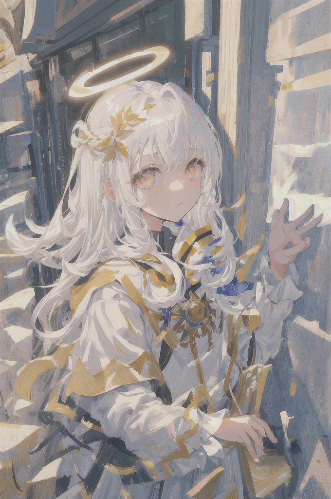 masterpiece, Best quality, ultra detailed, illustration, Close-up, Right on, Focus on face, 1 girl, White hair, Golden eyes, long hair, halo, Angel wings, A serene expression, I look at the viewer