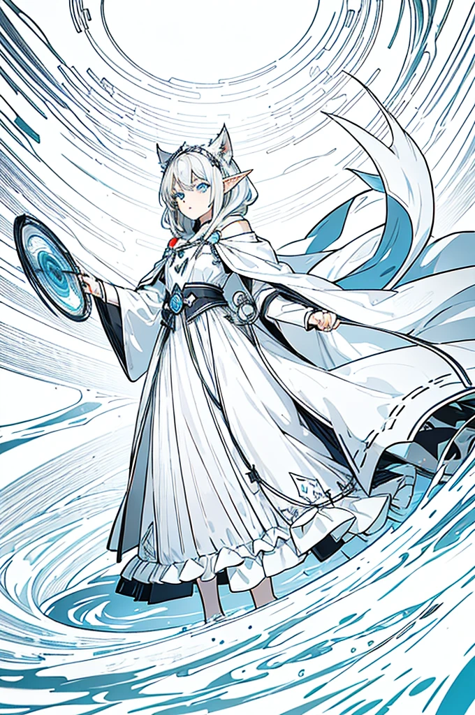 Shoulder-length gray-white hair，Girl，Blue Eyes，Elf ears，No headdress，No cat ears，Wear a magician's robe，cloak，hood，Long skirt，Half-length photo，front Photo，Lens tension，Right hand ready to punch，The expression is crazy