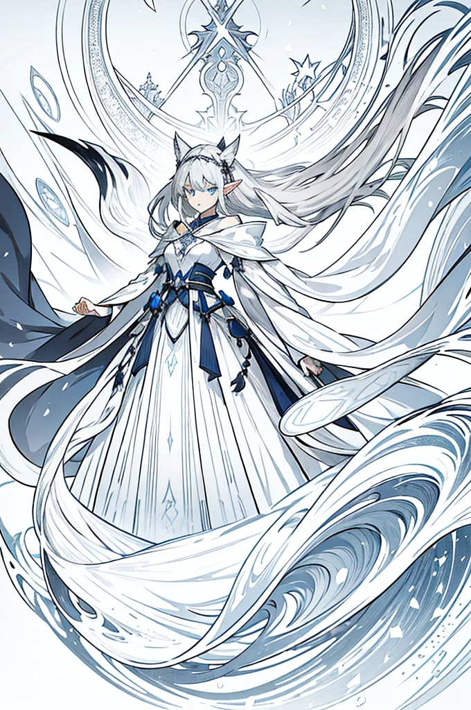 Shoulder-length gray-white hair，Girl，Blue Eyes，Elf ears，No headdress，No cat ears，Wear a magician's robe，cloak，hood，Long skirt，Half-length photo，front Photo，Lens tension，Right hand ready to punch，The expression is crazy