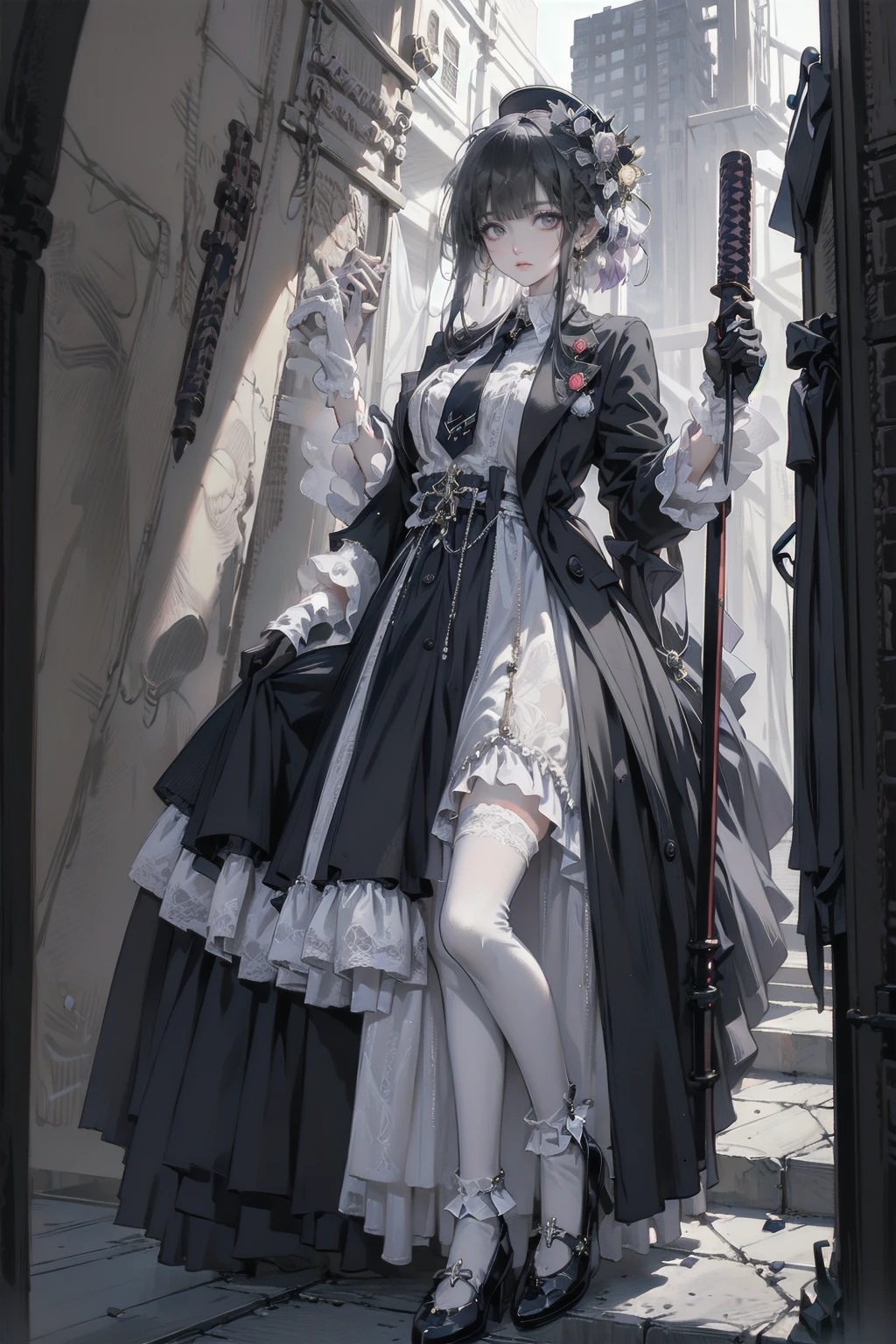 Anime Art、City roads、Full body portrait、Modern Street Killer、Moonlit Ruins、Tall Woman, Height: approx. 175cm, Around 20 years old, Wearing a black jacket and shorts, Holding a baseball bat and swinging it、Black socks、Short Medium Hairstyles、The eyes are covered by the bangs、Purple Hair、Wearing a red hat、Open-mouthed, intimidating smile、Purple eyes、gloves、stockings、boots、She has silver earrings in her ears
