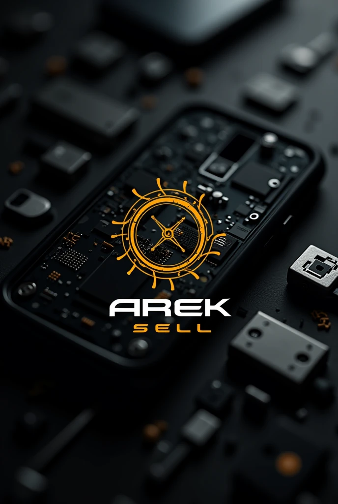 logo AREK SELL untuk perbaikan handphone,logo teknologi,background sparepart handphone. warna dominan hitam dan kuning, futuristik. artistik. logo sangat keren dan simple. mesin handphone. skematik handphone