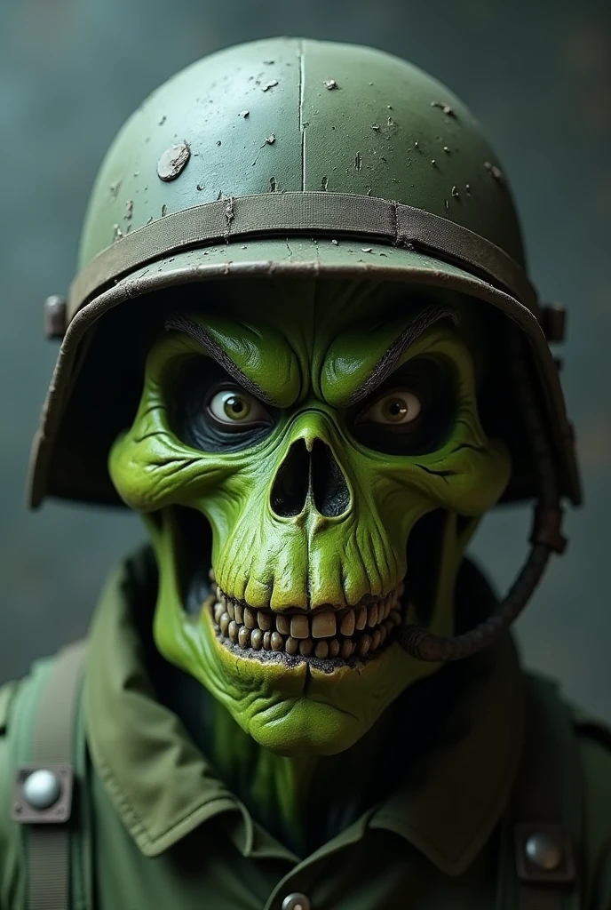 Grinch head, half skull head with military helmet fast looking front and center full image 
