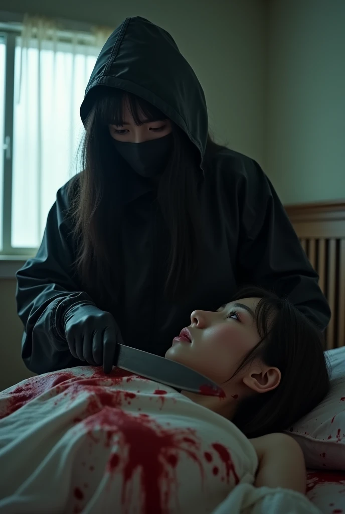 2 korean girls, (behind corpse, holding knife), black surgical mask, stabbing, black gloves, room full of blood, black raincoat, hood up, holding knife, bed room, black gloves, woman on top, behind corpse, blood splatter, mass murderer, killer, long bangs, blood splatter, dark atmosphere, cinematic lighting, atmospheric realistic, light from the window,