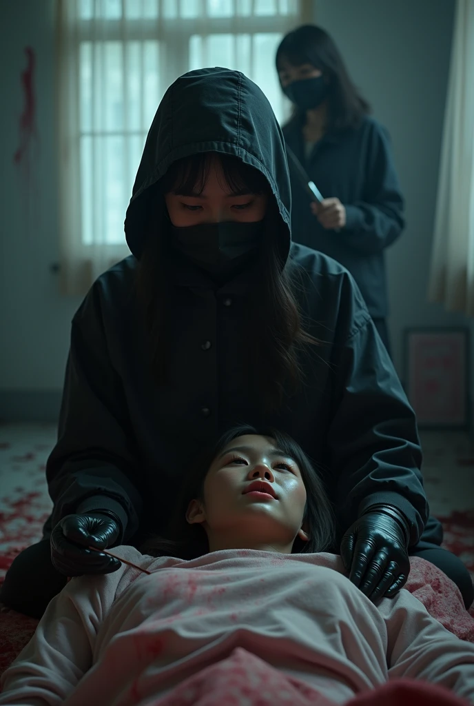 2 korean girls, (behind corpse, holding knife), black surgical mask, stabbing, black gloves, room full of blood, black raincoat, hood up, holding knife, bed room, black gloves, woman on top, behind corpse, blood splatter, mass murderer, killer, long bangs, blood splatter, dark atmosphere, cinematic lighting, atmospheric realistic, light from the window,