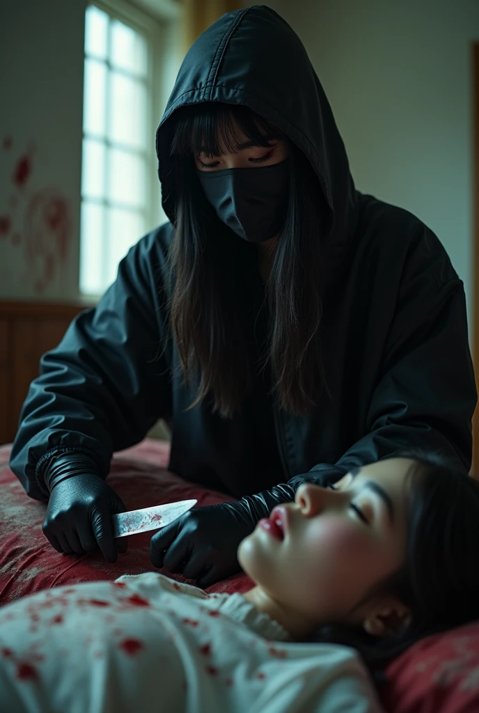 2 korean girls, (behind corpse, holding knife), black surgical mask, stabbing, black gloves, room full of blood, black raincoat, hood up, holding knife, bed room, black gloves, woman on top, behind corpse, blood splatter, mass murderer, killer, long bangs, blood splatter, dark atmosphere, cinematic lighting, atmospheric realistic, light from the window,
