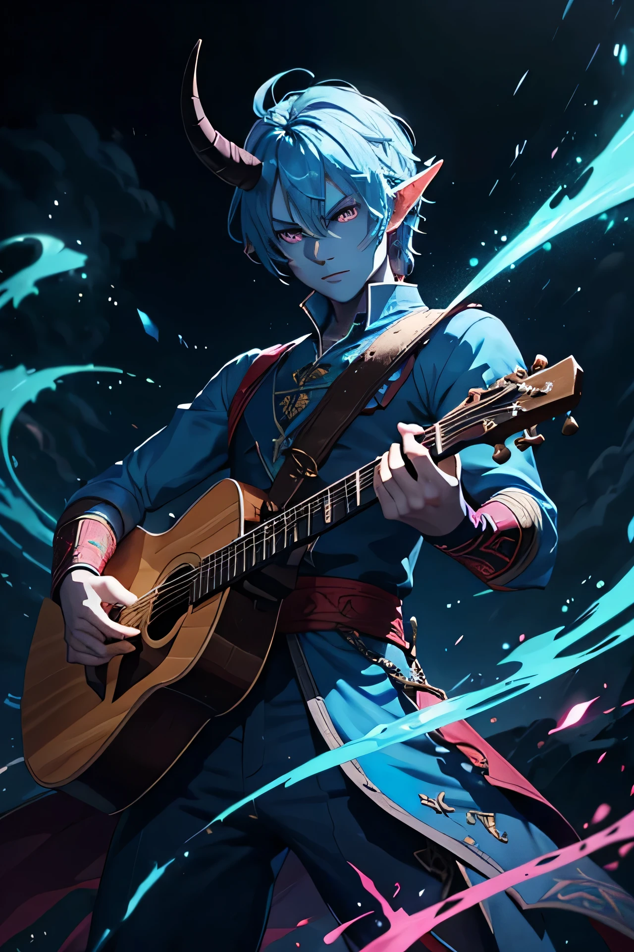 A blue-skinned tiefling bard stands ready for battle. He has sharp horns, glowing red eyes, and wears colorful, flowing clothing adorned with musical symbols. The tiefling holds a lute in one hand and a dagger in the other, with his tail curling behind him in anticipation. His stance is both confident and defensive, suggesting he's prepared to either play a tune or strike with precision. The background features a dark, stormy sky with flashes of lightning, enhancing the dramatic and intense atmosphere of the scene